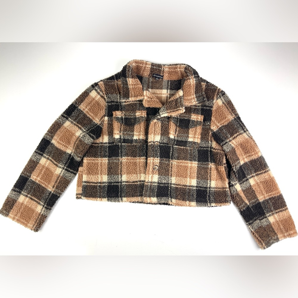 Women’s Shinestar Brown Plaid Lightweight Cropped Sweater Jacket Size Medium